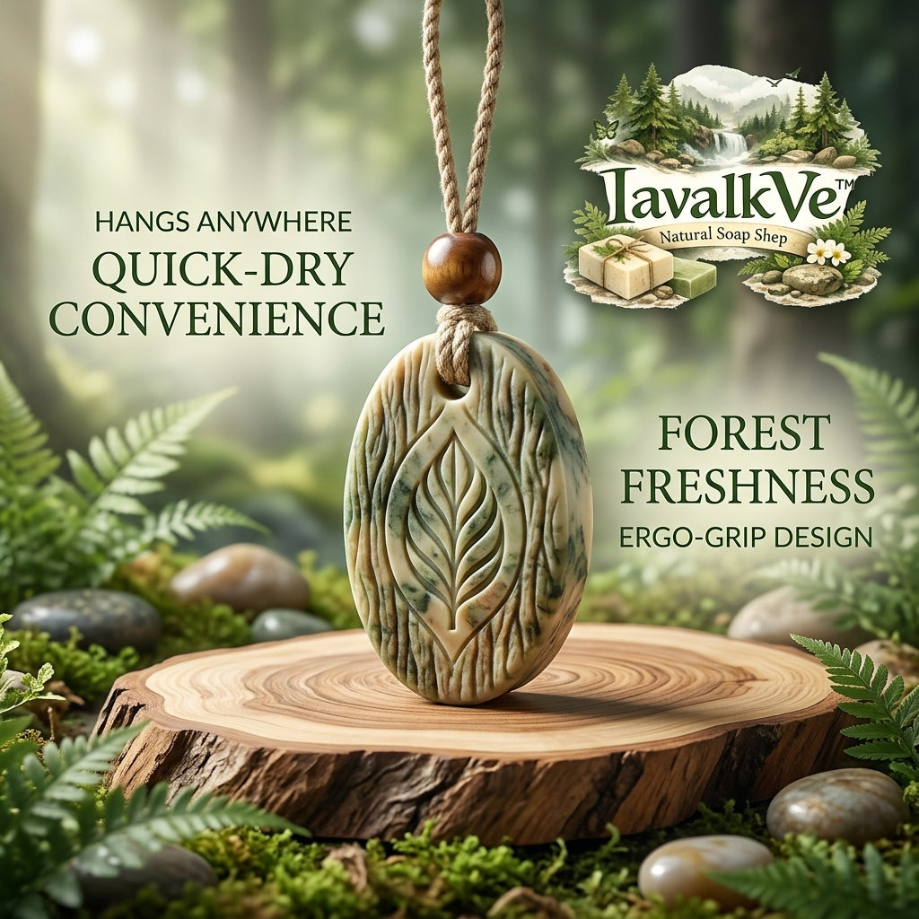 IavalkVe™ Natural Soap on a Rope - Forest Fresh Body & Bath Bar | Ergonomic Grip Carved Soap with Rustic Hanging Cord & Wooden Bead | Quick-Dry, Deeply Moisturizing Organic Soap for Shower, Travel & Camping