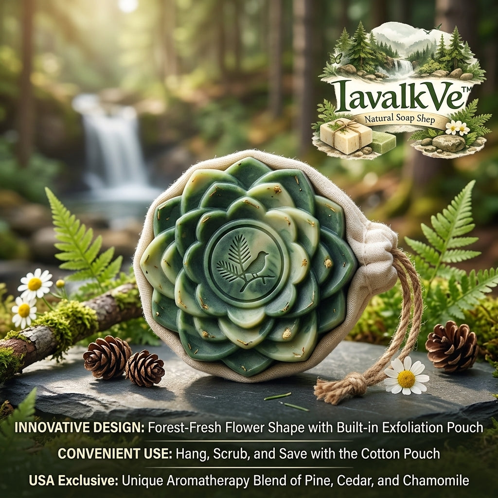 IavalkVe™ Forest Bloom Exfoliating Soap Bar – Natural Pine, Cedar & Chamomile Aromatherapy Soap in Eco-Friendly Hanging Cotton Pouch – Artisanal Flower-Shaped Spa Cleanser for Face & Body
