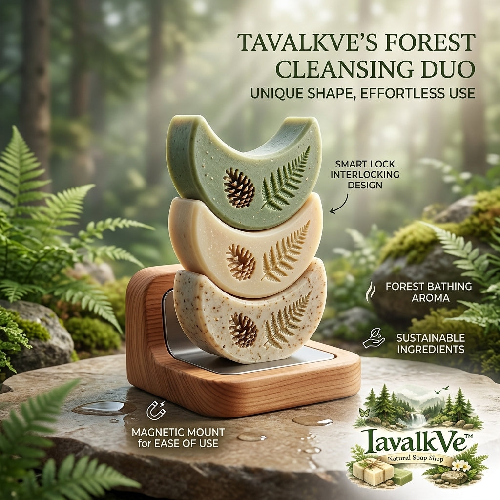 IavalkVe™ Forest Cleansing Soap Set - 3-Pack Interlocking Crescent Soaps with Magnetic Wooden Holder | Natural Forest Bathing Aroma, Organic & Sustainable Botanical Ingredients for Face and Body, Eco-Friendly Aesthetic Gift Set