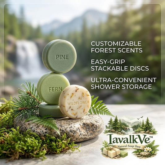 IavalkVe™ Natural Stackable Soap Bar Set | 3-Piece Customizable Forest Scents (Pine, Fern, Wildflower) | Easy-Grip Round Shower Soap Discs for Gentle Cleansing & Moisturizing | Eco-Friendly Botanical Bath Gift Pack