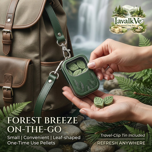 IavalkVe™ Portable Leaf-Shaped Soap Pellets with Travel-Clip Tin | Forest Breeze Scented Mini Soap Tablets for Hiking, Camping, Backpacking & Travel | One-Time Use Outdoor Hand Wash Soap
